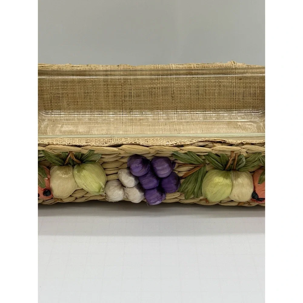 VTG Raffia Casserole Dish Carrier Basket Set of 2 with Anchor Hocking Glass Dish